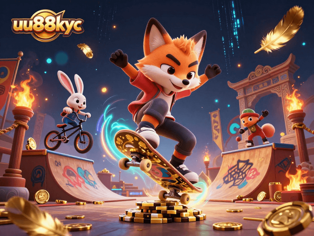 Win big with uu88kyc at an energetic casino adventure featuring playful fox and rabbit characters.