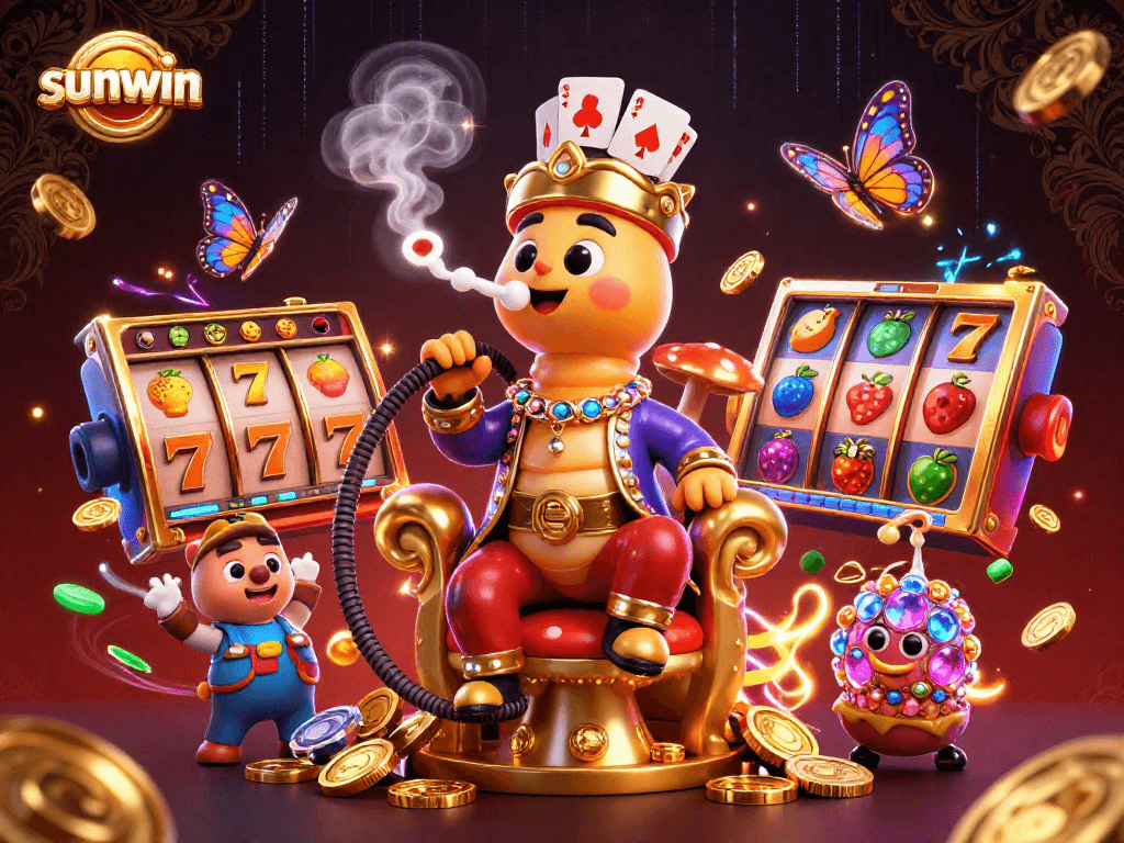 Experience sunwin's exciting game atmosphere with a vibrant 3D casino illustration showcasing colorful slot machines and dynamic characters.