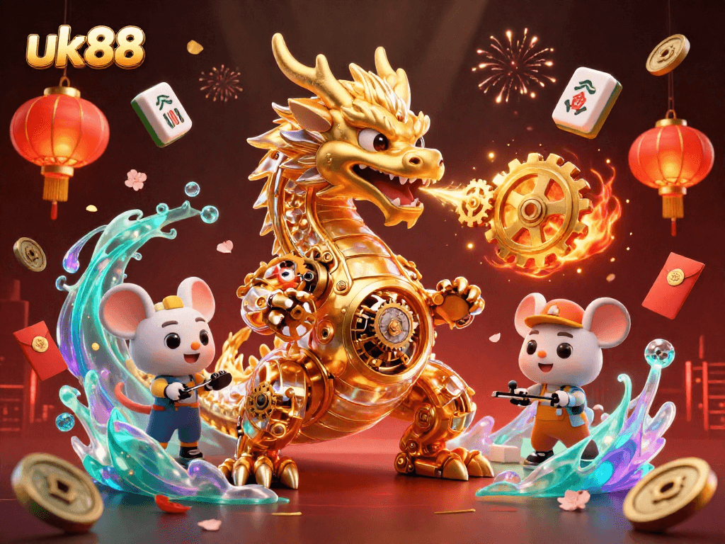 Experience thrilling gameplay at uk88 with a golden dragon, vibrant symbols, and rich casino elements.