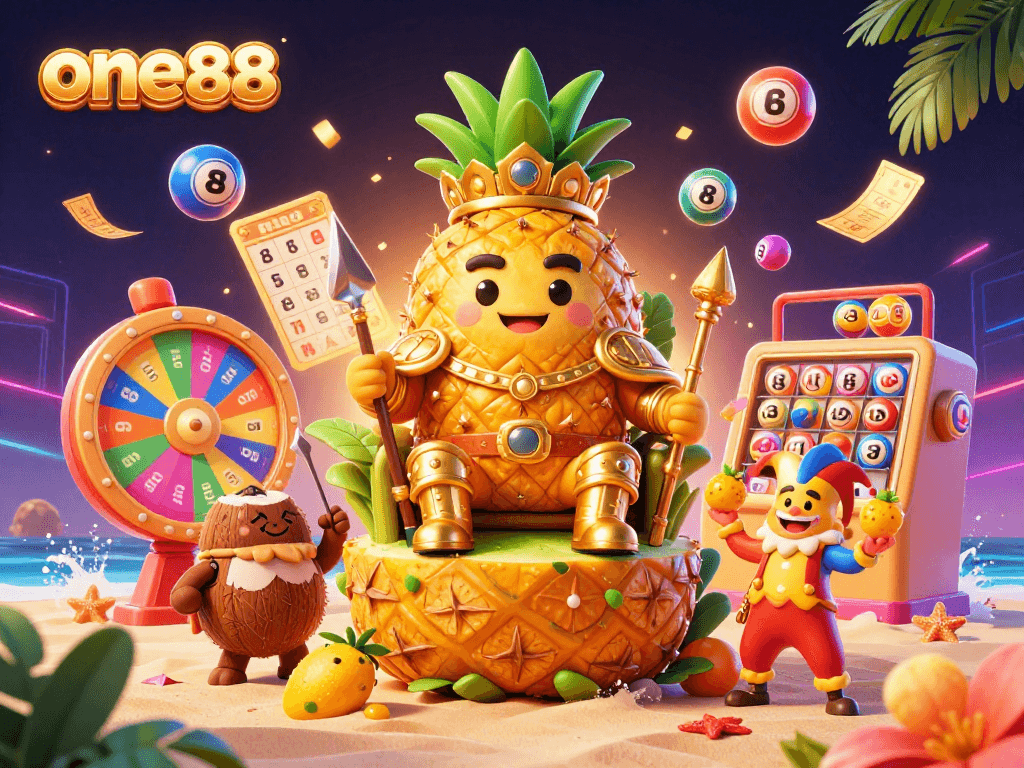 Experience vibrant gameplay at one88 with a colorful casino illustration showcasing dynamic lottery elements and beach casino fun.