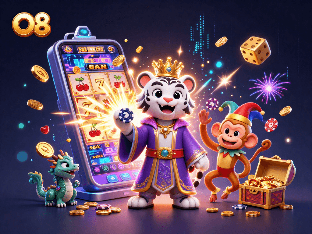 Experience the thrill of O8 at a vibrant virtual casino with carnival-like elements and rich visuals.
