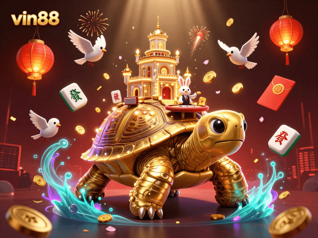 Experience interactive fun with vin88, featuring a giant tortoise casino illuminated by flying golden coins.