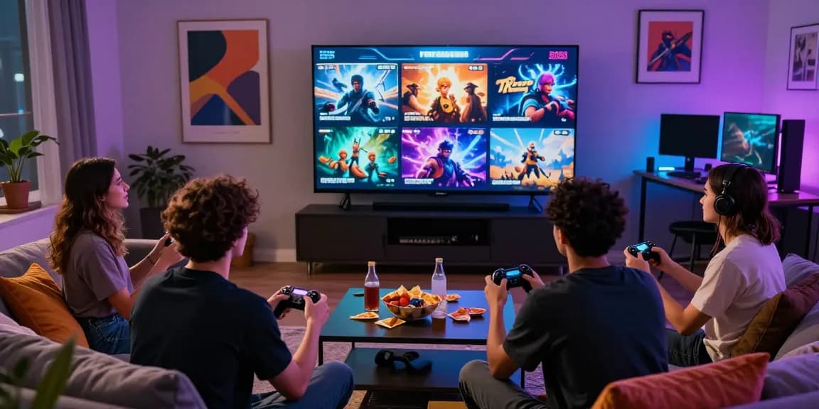 Group enjoying a free porn game session in a cozy living room with snacks and controllers.