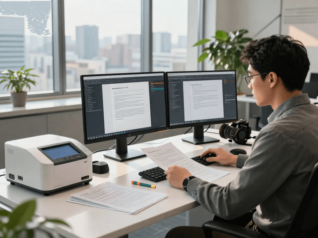 Data analyst performing document fraud detection in a modern office.