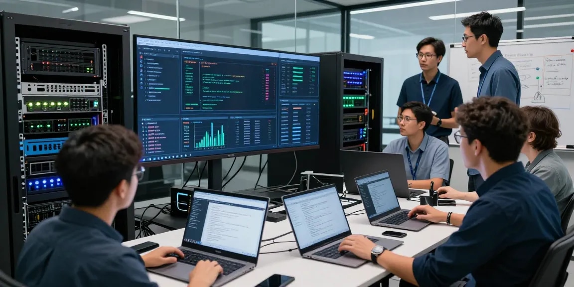 Engineers analyzing API performance and traffic management using Waygrid in a modern server room.
