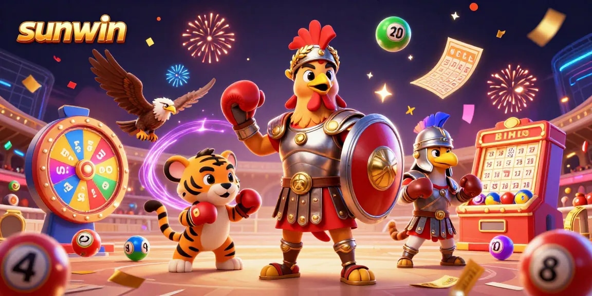 sunwin draws players in with a lively 3D scene of a rooster warrior amidst dynamic lottery elements.