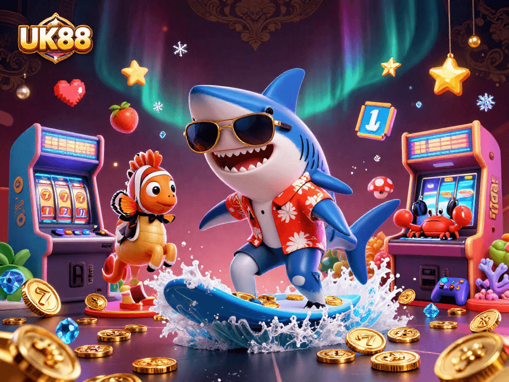 Experience thrilling gameplay at UK88 with a 3D casino scene of vibrant characters and slot reels.