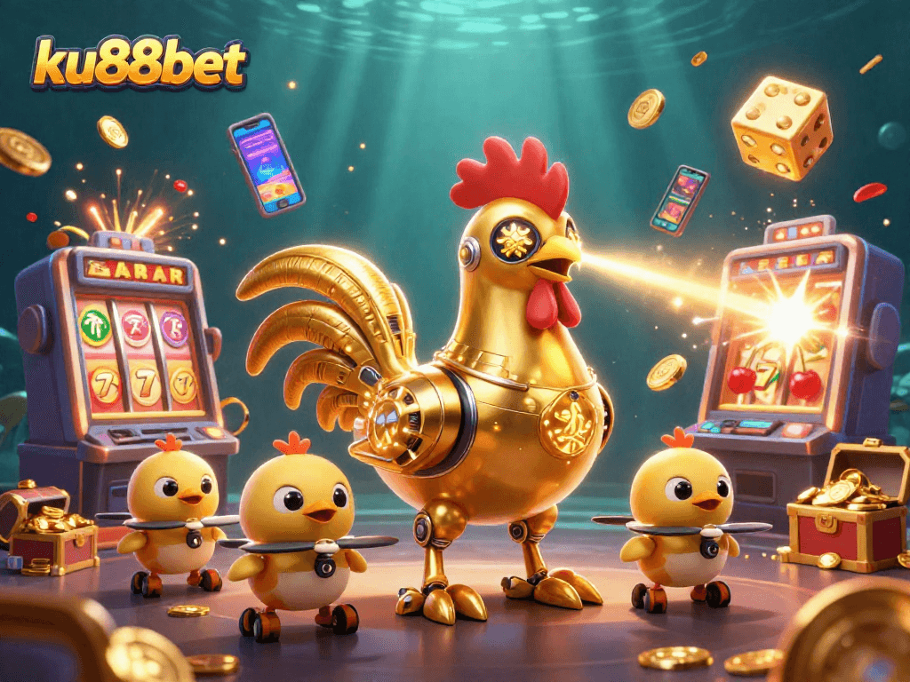 Experience winning moments with ku88bet's vibrant 3D illustration, showcasing dynamic gambling elements.