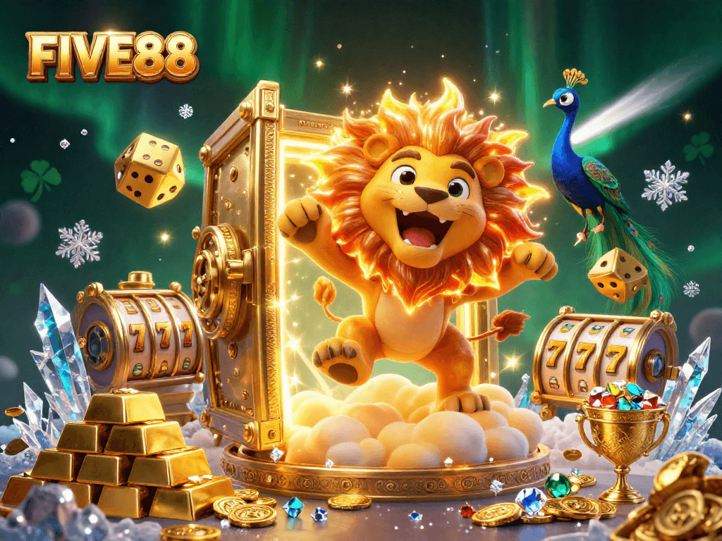 Experience excitement at FIVE88 with a vibrant 3D casino illustration filled with golden treasures and slot reels.