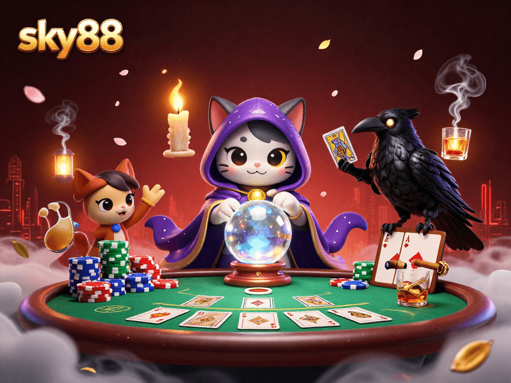 Engage with sky88's thrilling casino experience featuring a mystical cat fortune teller with tarot elements.