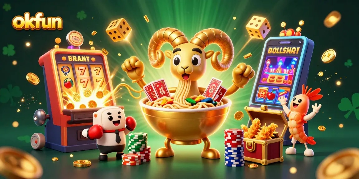 Experience the thrill of okfun with a vibrant 3D casino scene featuring a giant golden ramen bowl dealer amidst dynamic gaming elements.