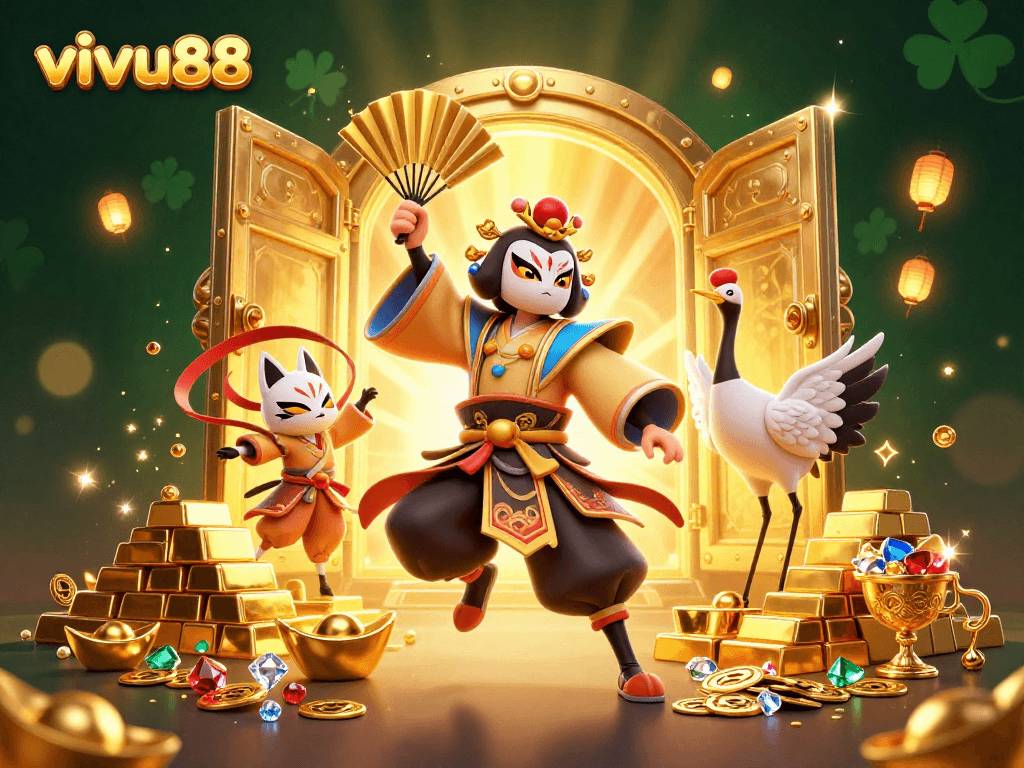 Join the excitement at vivu88 with a vibrant casino scene featuring kabuki warriors and treasure!