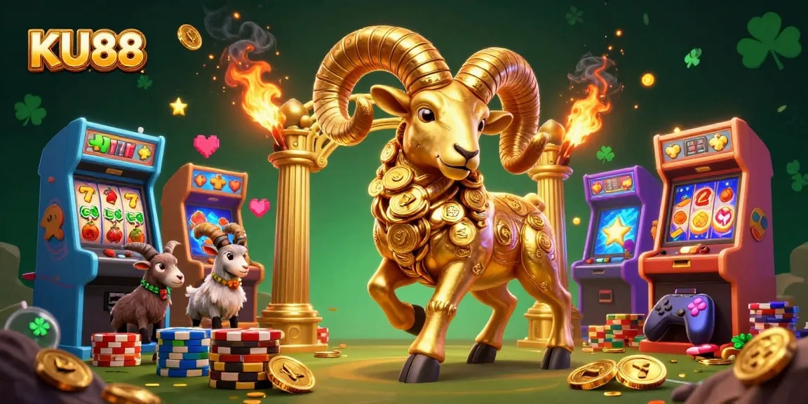 Engage with KU88's vibrant slot scene featuring a golden ram charging through a jackpot gateway.