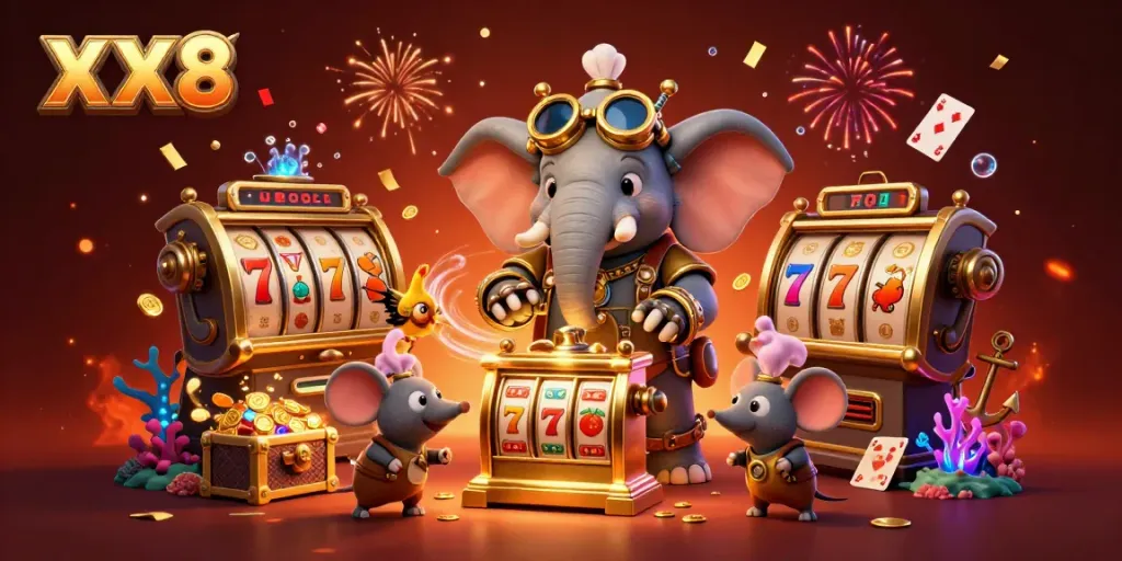 Engage with the colorful XX8-themed slot machine scene featuring a steampunk elephant, golden coins, and festive elements.