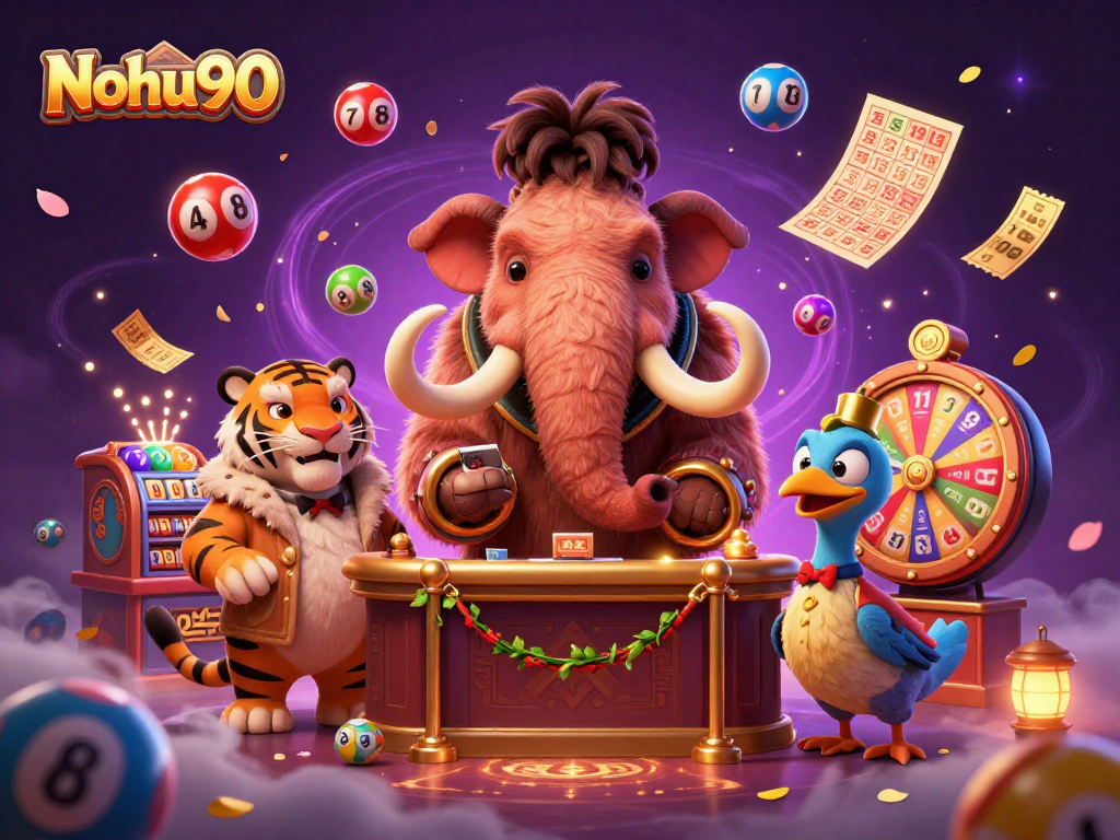 Nohu90 showcases a vibrant casino scene with a woolly mammoth bouncer, saber-tooth tiger VIP, and dodo doorman.