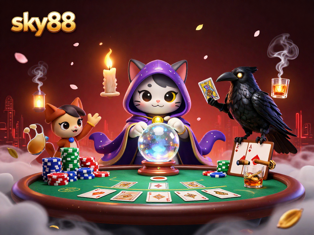 Engage with sky88's thrilling casino experience featuring a mystical cat fortune teller with tarot elements.