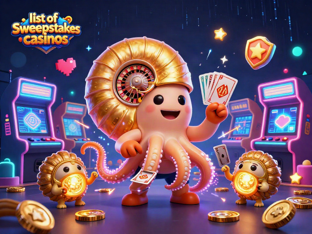 Engaging illustration of the list of sweepstakes casinos featuring vibrant characters and animated game elements.