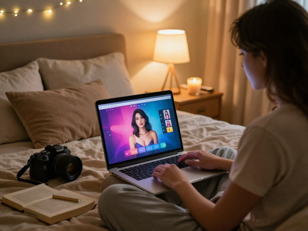 Engaging AI sex chat conversation on a cozy bed environment.