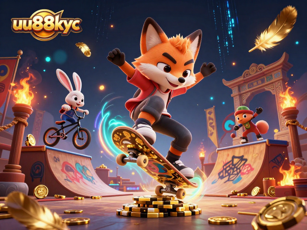 Win big with uu88kyc at an energetic casino adventure featuring playful fox and rabbit characters.
