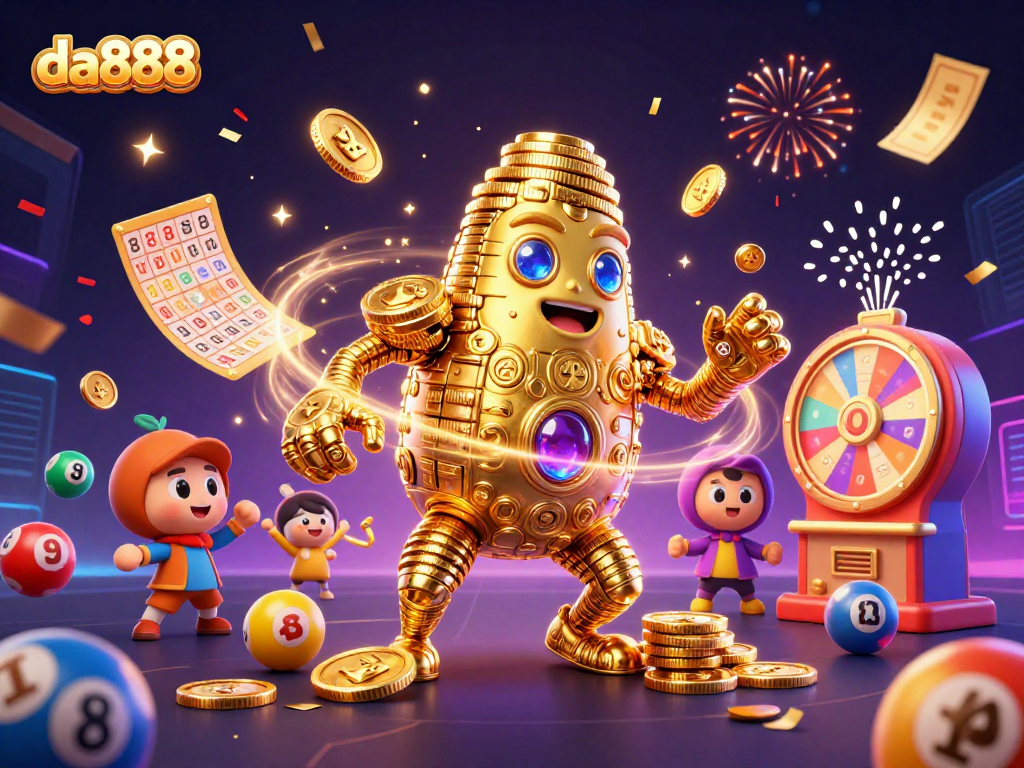 Experience the thrill of da888 with a lively casino-themed illustration full of vibrant lottery elements.