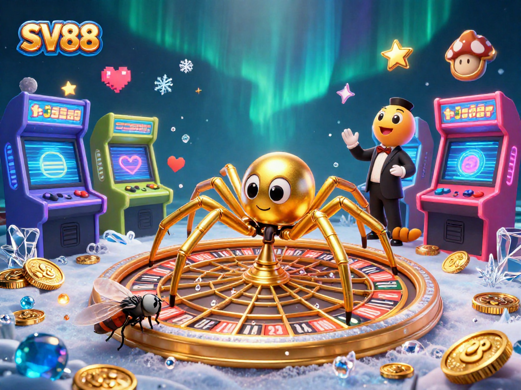 SV88 captures a lively casino scene with a golden spider, a croupier centipede, and vibrant gaming elements.