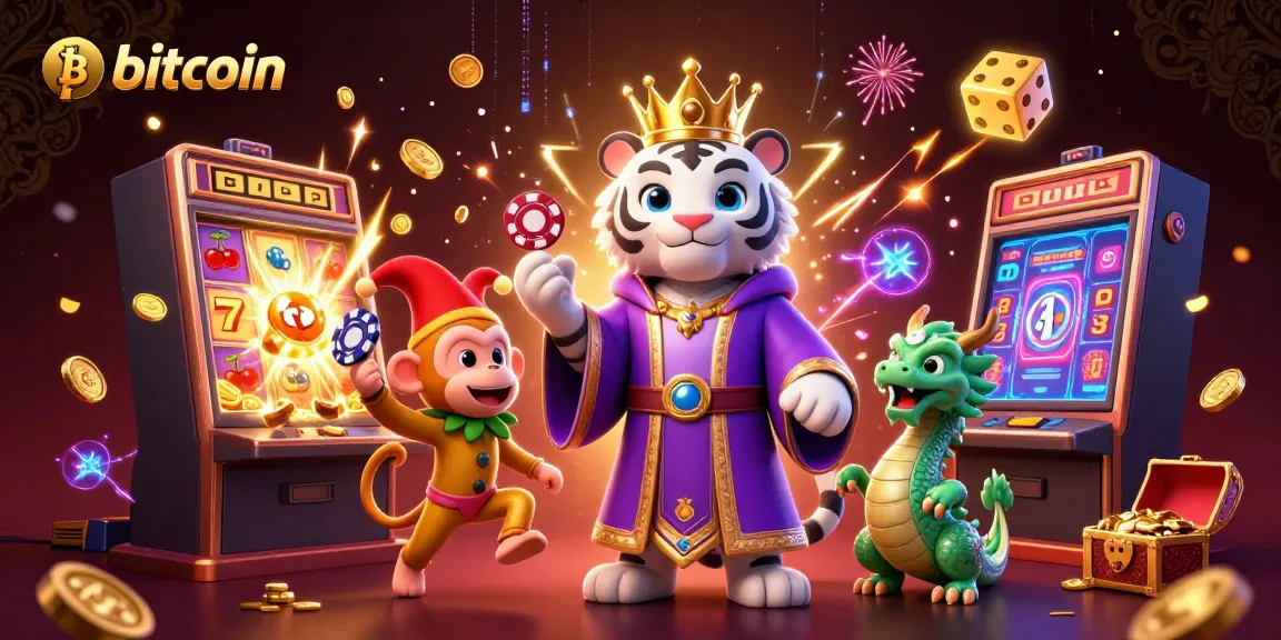 Experience the thrill at a bitcoin casino with vibrant casino elements and colorful characters.