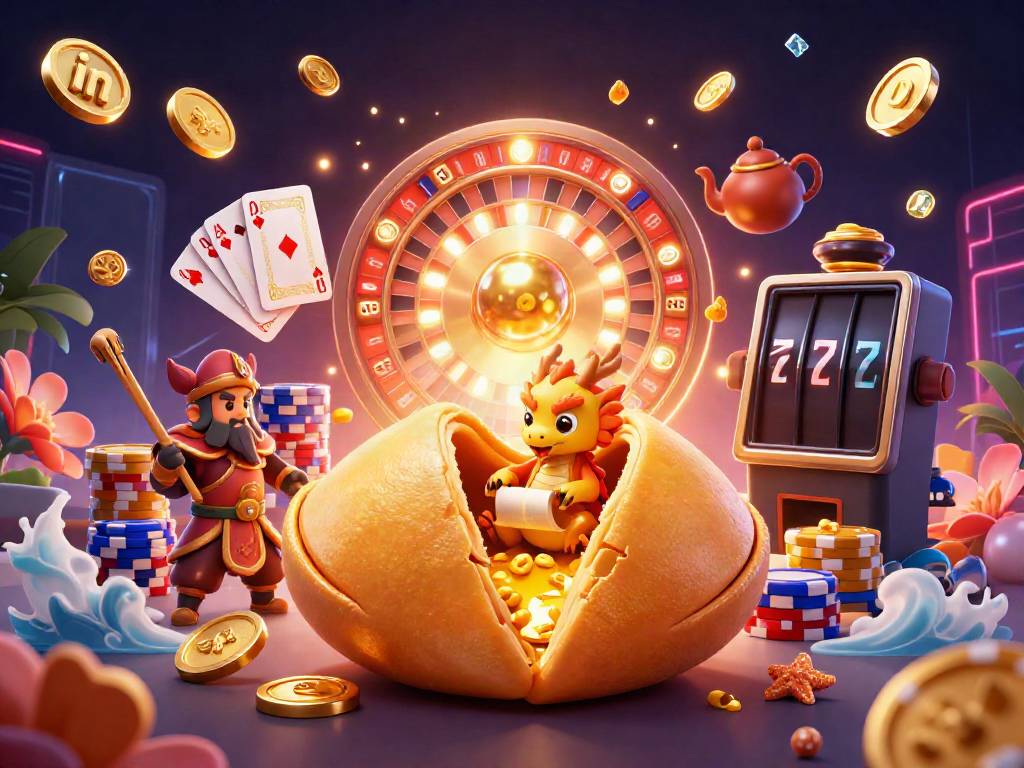 Experience thrilling gaming in with an ultra-detailed scene featuring a giant fortune cookie and playful elements.