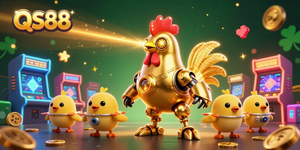 Experience the QS88 golden rooster robot leading a vibrant casino gaming adventure with colorful arcade elements.