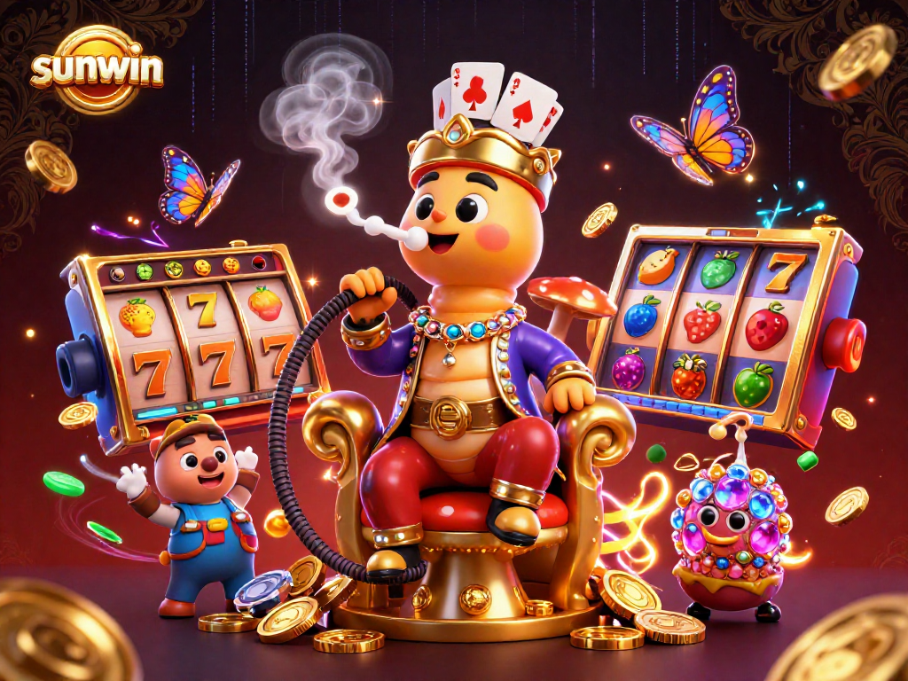 Experience sunwin's exciting game atmosphere with a vibrant 3D casino illustration showcasing colorful slot machines and dynamic characters.