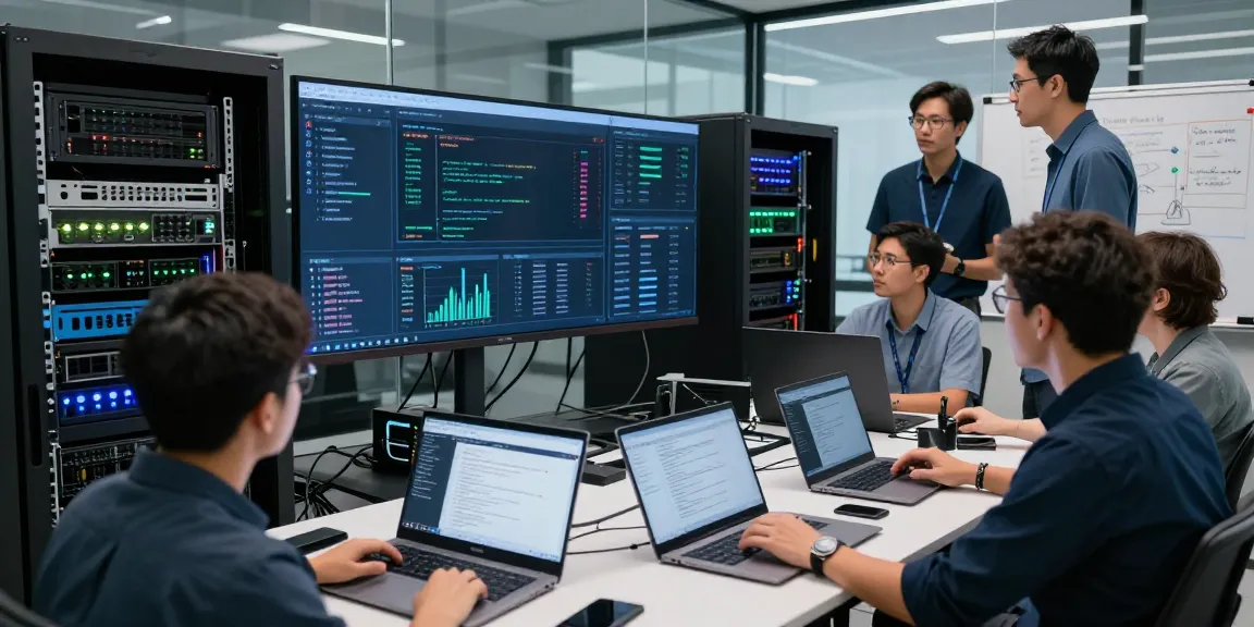 Engineers analyzing API performance and traffic management using Waygrid in a modern server room.
