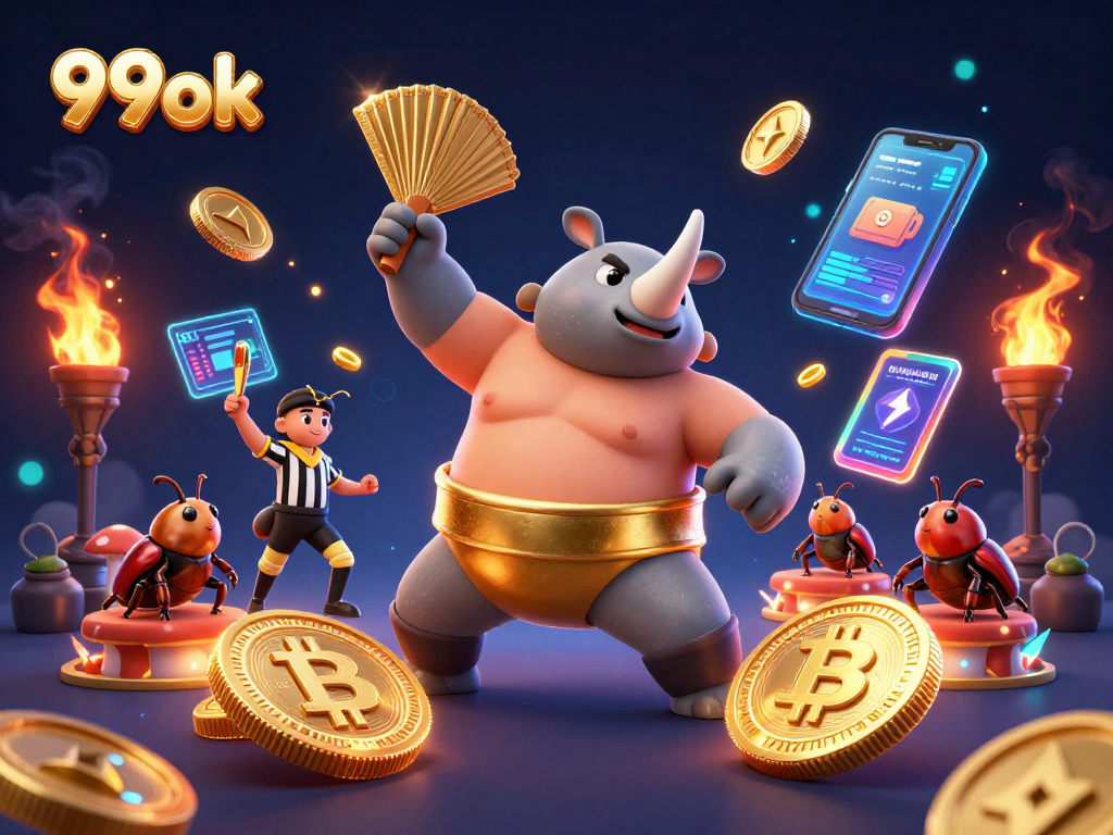 Join thrilling action with 99ok as a sumo champion beetle stomps coins in a vibrant casino scene.