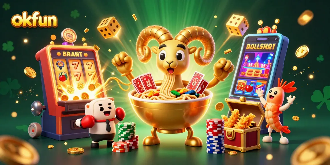 Experience the thrill of okfun with a vibrant 3D casino scene featuring a giant golden ramen bowl dealer amidst dynamic gaming elements.