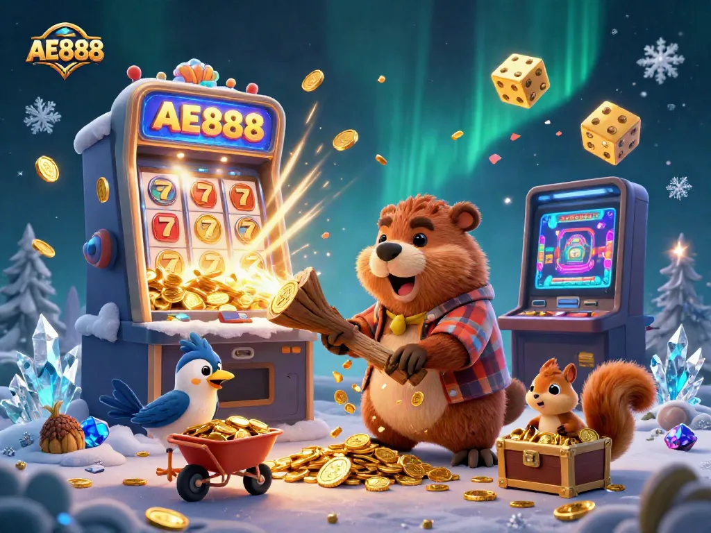 Experience thrilling wins with AE888 in a vibrant casino scene featuring characters collecting golden coins.