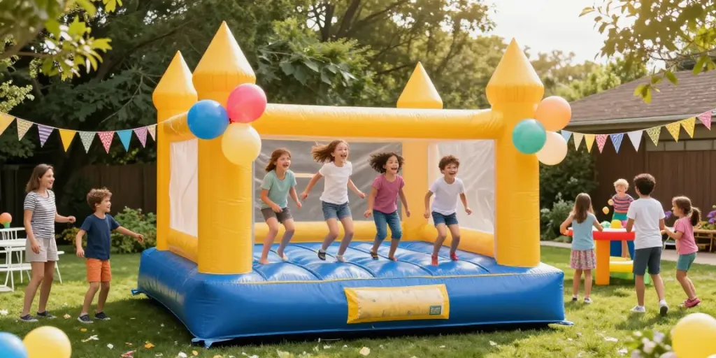 Bouncy castle fun at a summer birthday party with children jumping and laughing.