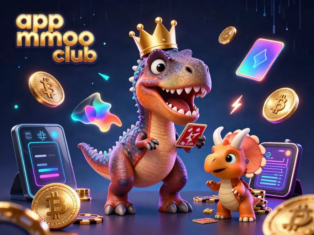Engage in the thrilling app mmoo club with a fun casino scene featuring a T-Rex and friends surrounded by colorful gambling elements.