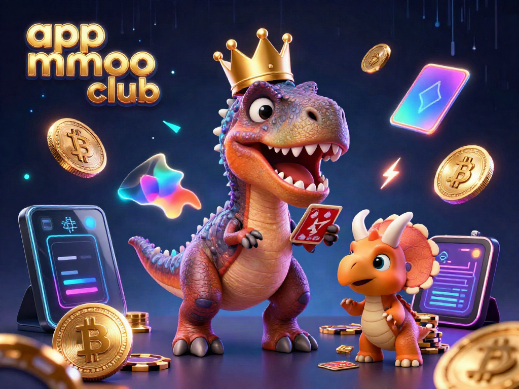 Engage in the thrilling app mmoo club with a fun casino scene featuring a T-Rex and friends surrounded by colorful gambling elements.