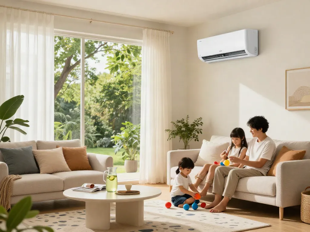Charming living room with mini split ac providing cooling comfort to family during summer.
