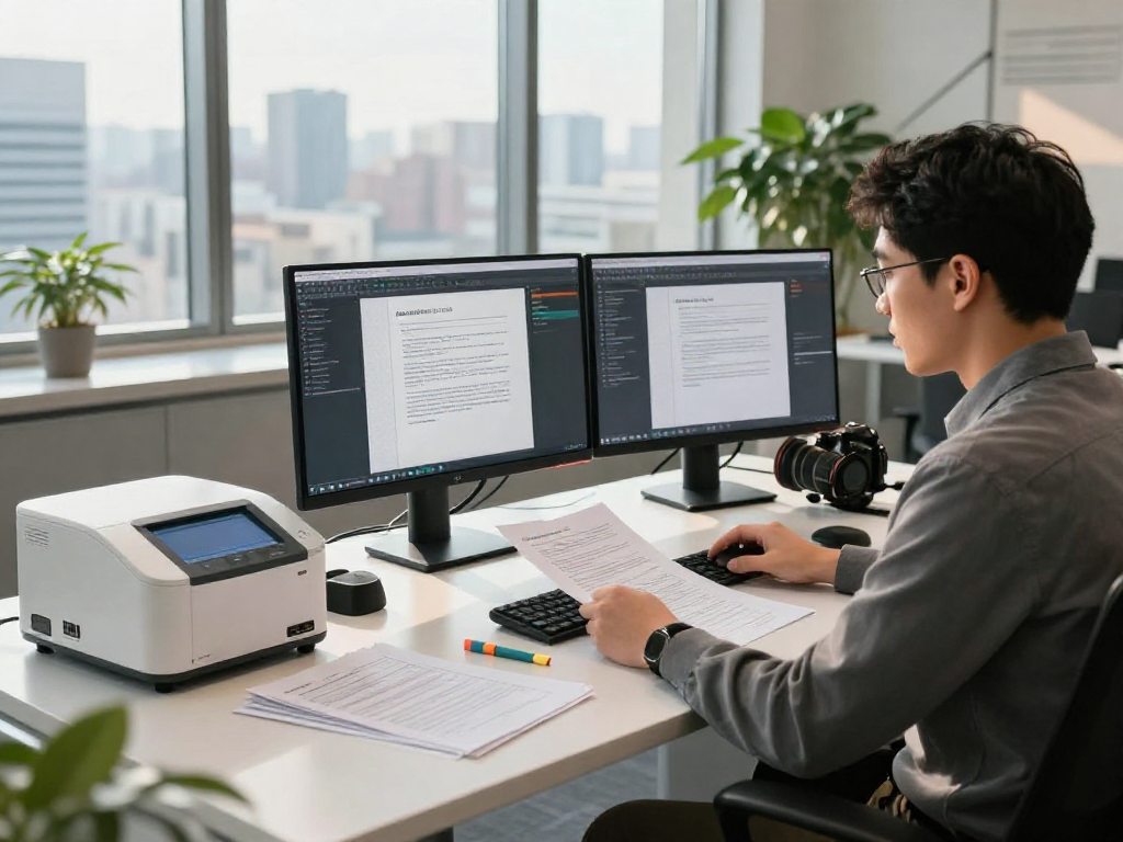 Data analyst performing document fraud detection in a modern office.