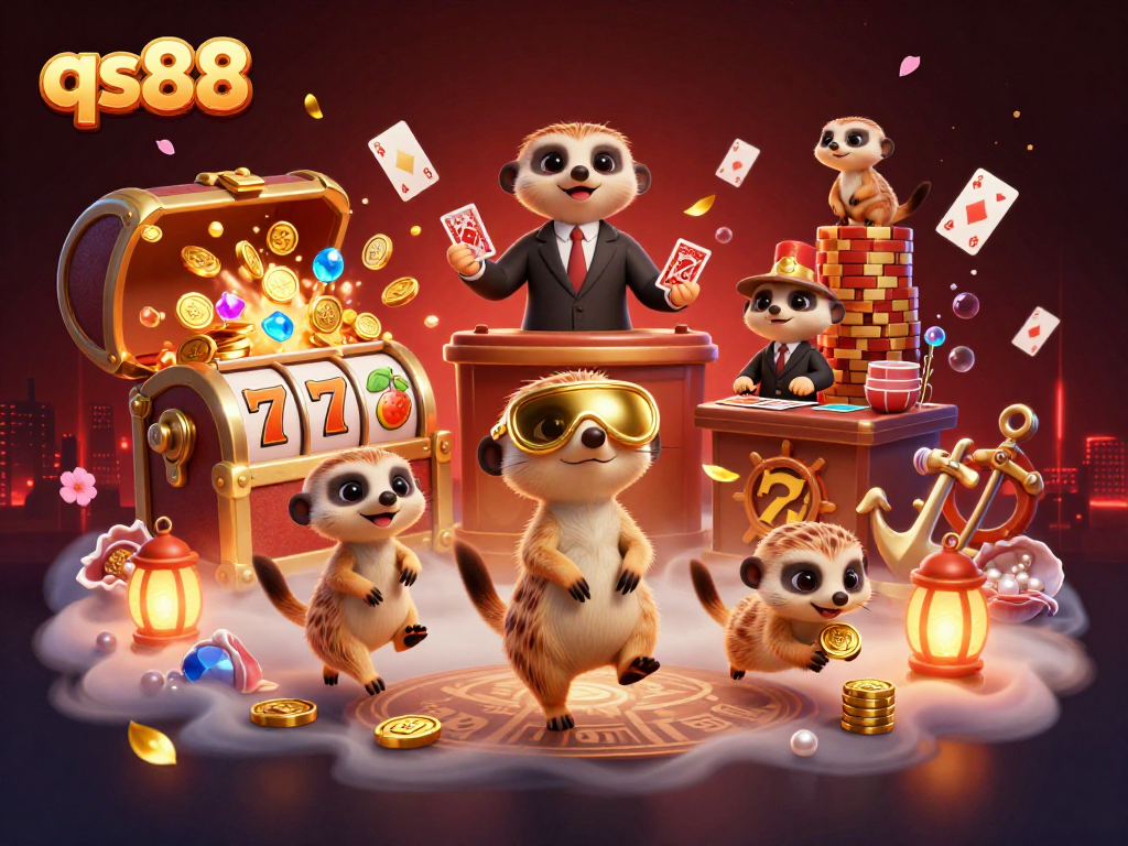 Experience the thrilling qs88 gaming adventure with our cartoon meerkats in a vibrant casino setting.