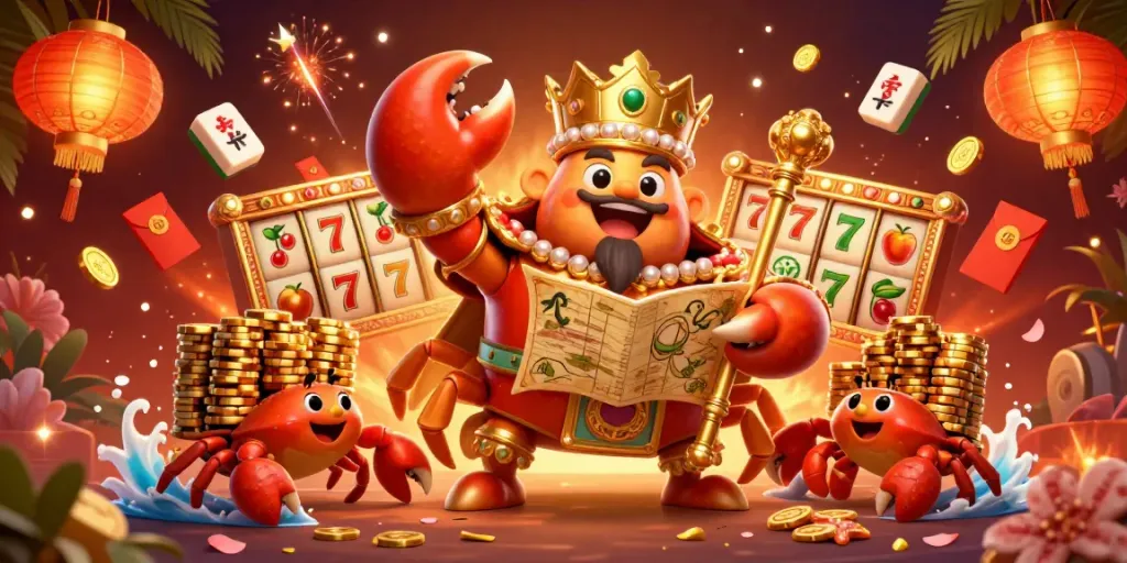 Experience gaming at bestaustraliancasinosites with a golden crab emperor amidst vibrant casino elements.