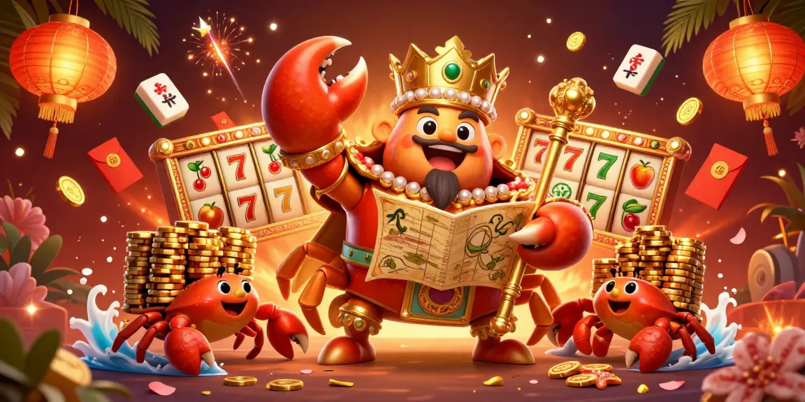 Experience gaming at bestaustraliancasinosites with a golden crab emperor amidst vibrant casino elements.