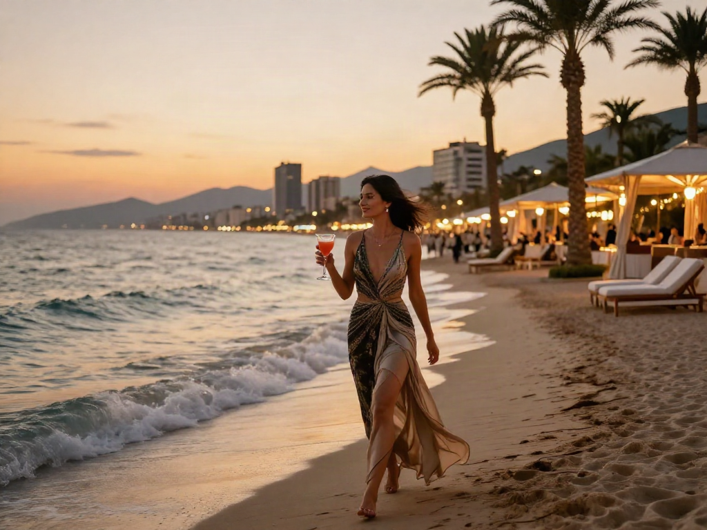 Antalya Eskort: Elegant woman enjoying a sunset cocktail on the beach.