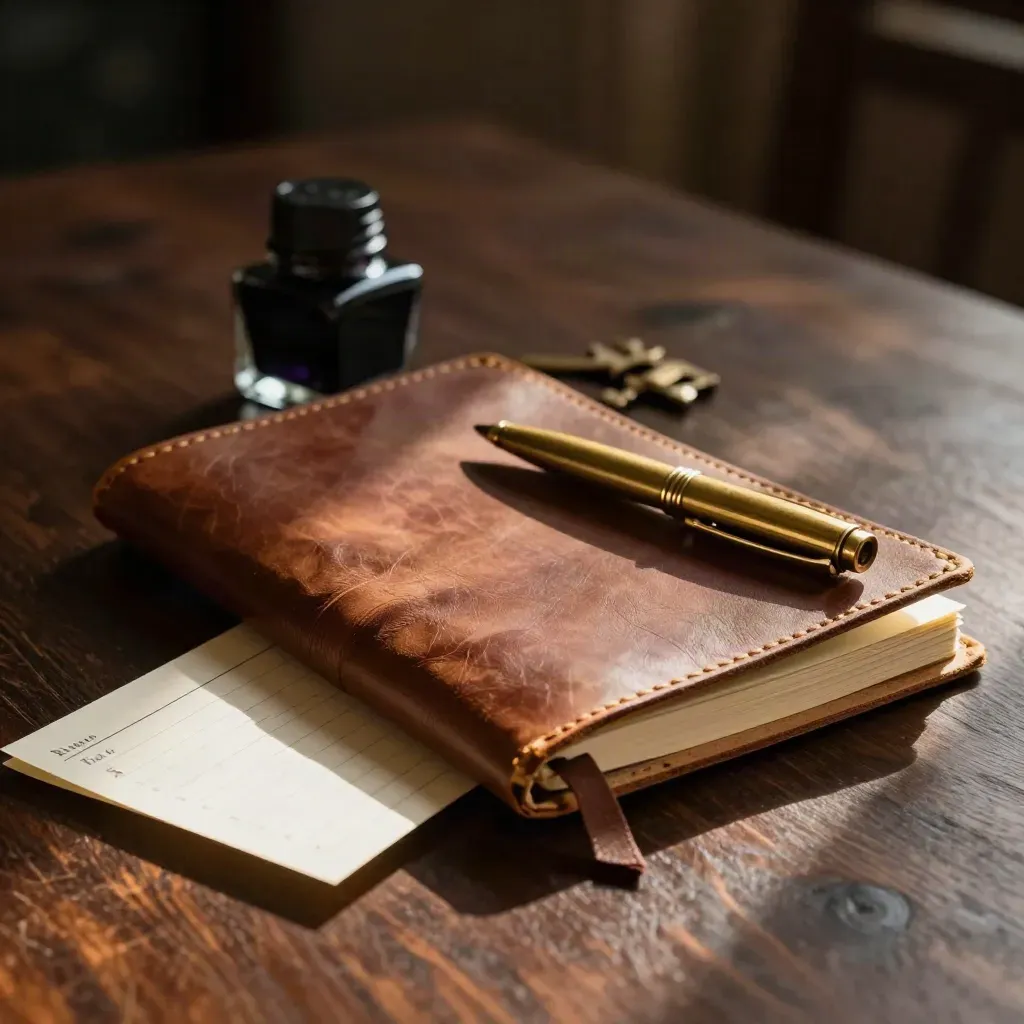 Leather notebook, brass pen cap, ink bottle, and folded schedule card on dark walnut in dramatic light