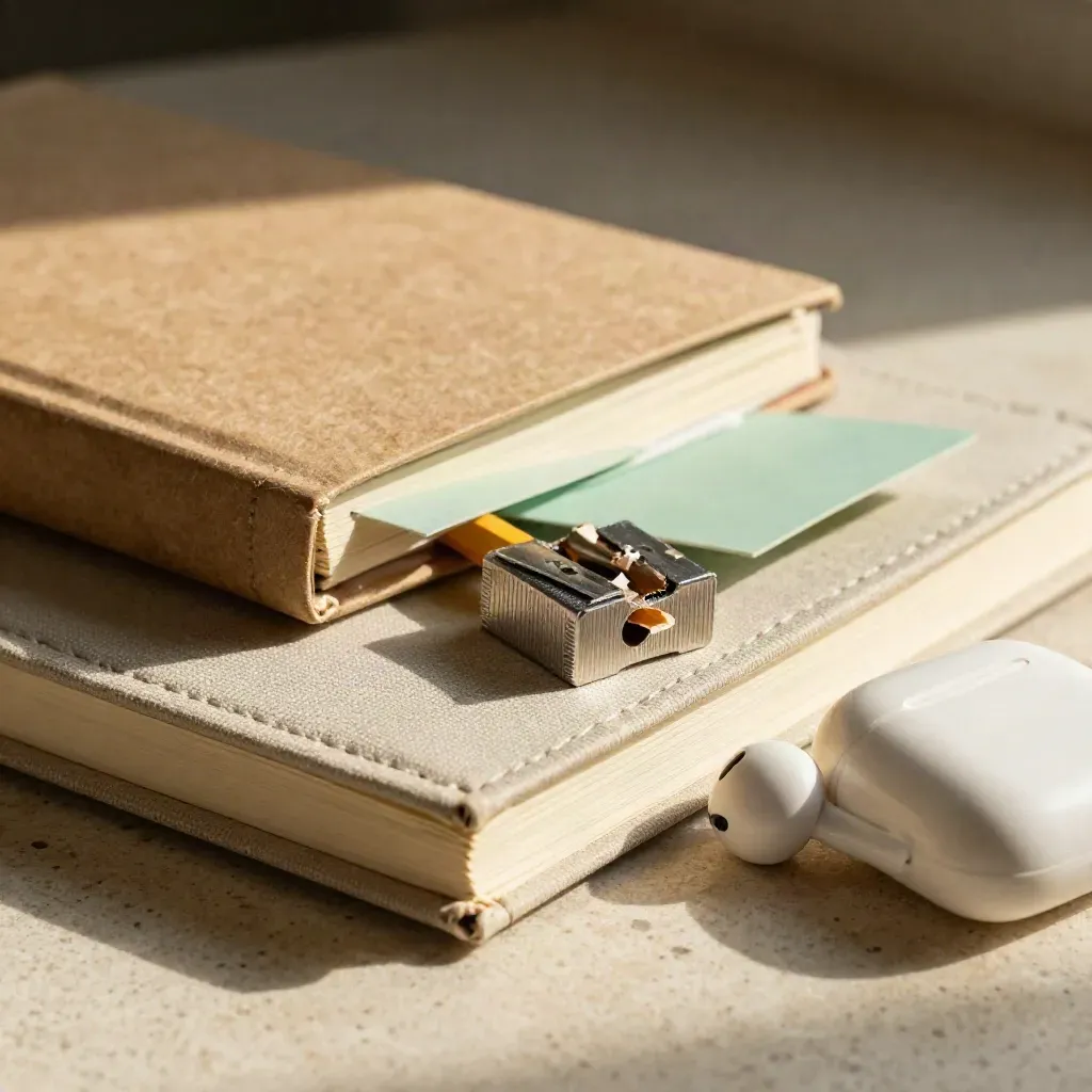 Macro still life of a study notebook, index-card box, sharpener, and mint earbud case on pale stone.