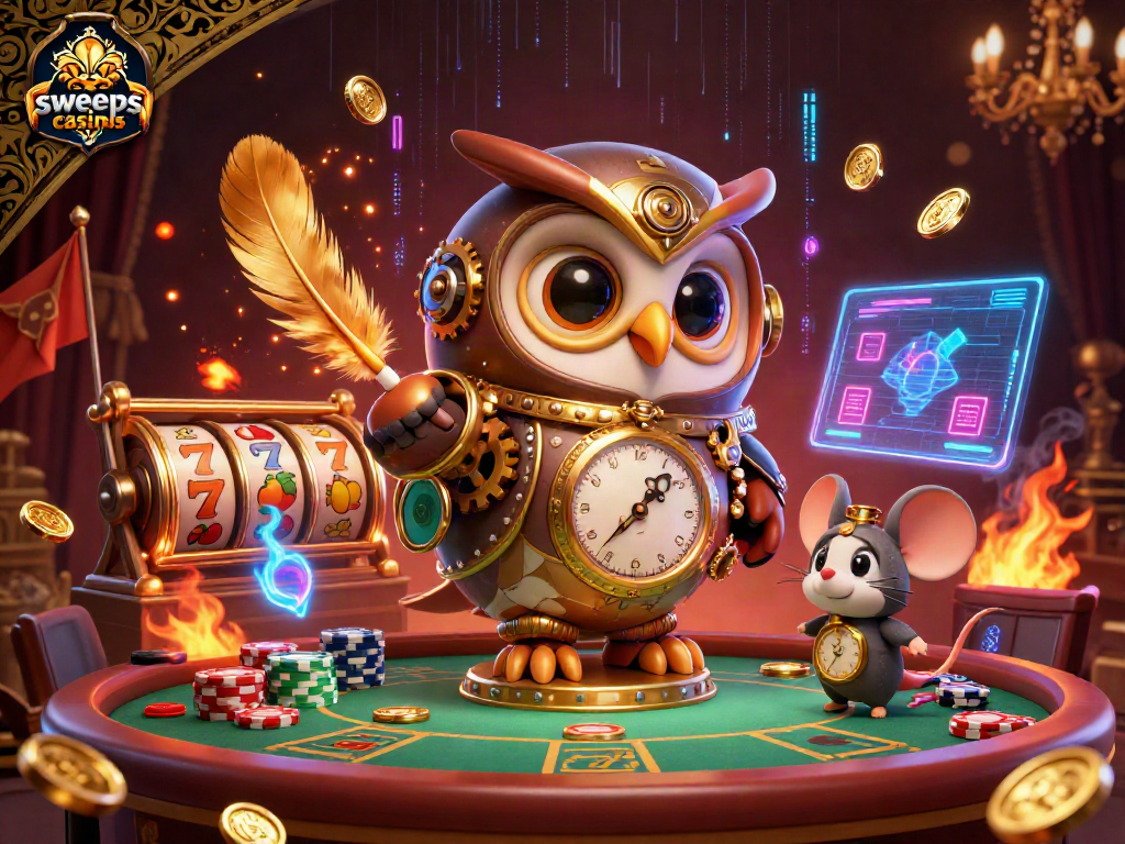 Engage with sweeps casinos through a dynamic 3D scene featuring steampunk characters, slot reels, and vibrant visuals.