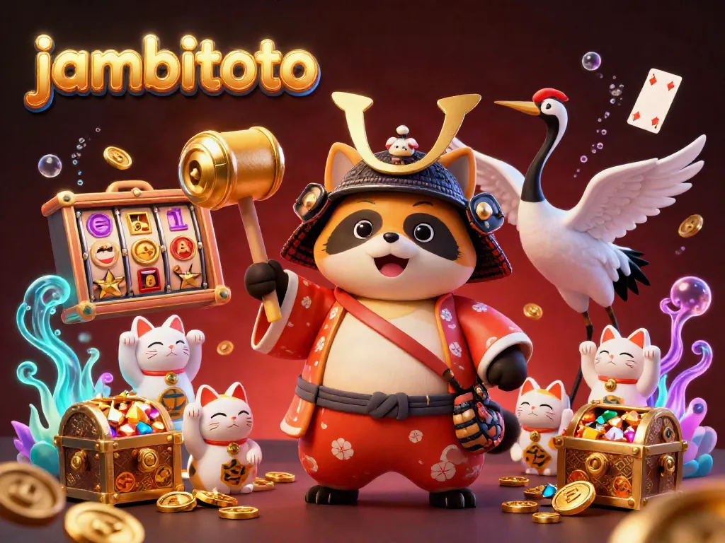 Experience winning thrills at Jambitoto with joyful tanuki, gold coins, and vibrant casino elements.