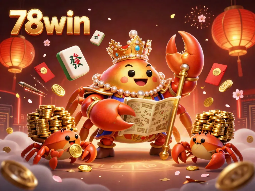 Experience the thrill of 78win with a golden crab emperor amidst floating mahjong tiles, celebrating casino excitement.