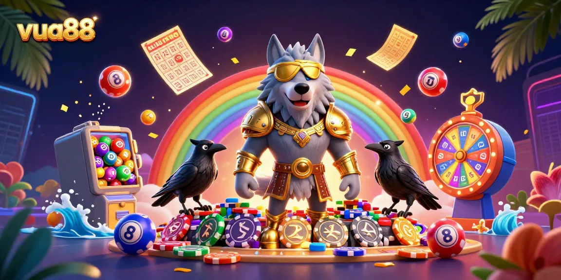 Experience thrilling gameplay at vua88 with a vibrant casino scene featuring Odin and ravens amidst lottery elements.