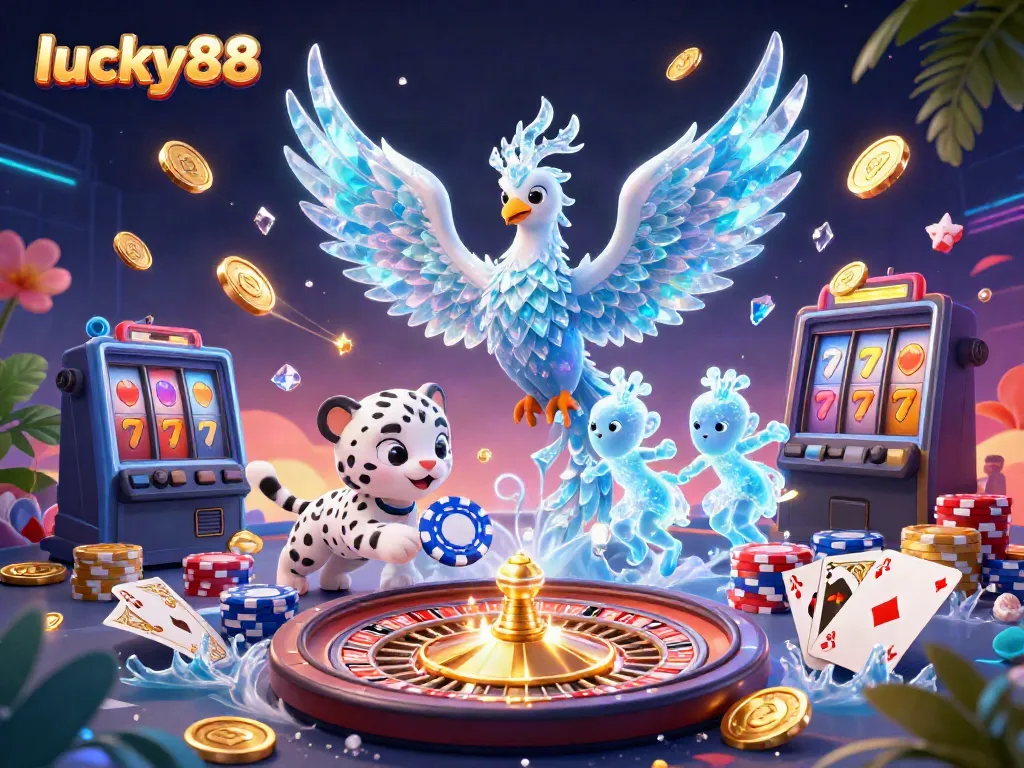Play exciting games at lucky88 featuring a vibrant scene of a phoenix, snow leopard, and casino elements.