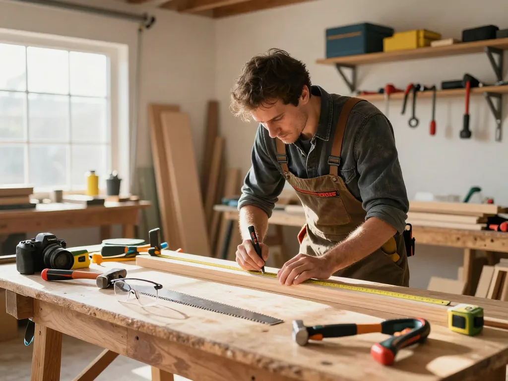 Craftsman using Bosch hand tools for woodworking project in well-lit garage.